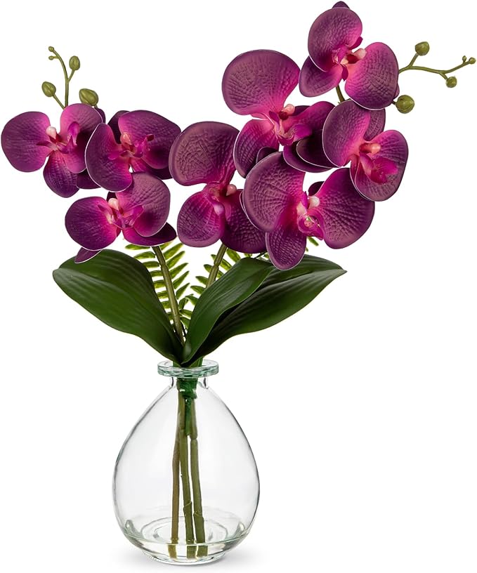 Purple Orchids Artificial Flowers, Faux Orchid in Glass Vase Real Touch Small Phalaenopsis Orchid Flowers Arrangements with Clear Vase Orchid Centerpiece for Dining Room Table