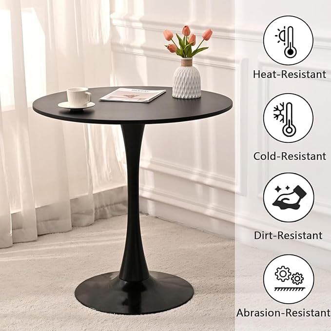Round Black Dining Table, 31.5" Tulip Table with Pedestal Base, Black Dining Table for 1-4 Person, Mid-Century Leisure Table for Kitchen, Living Room