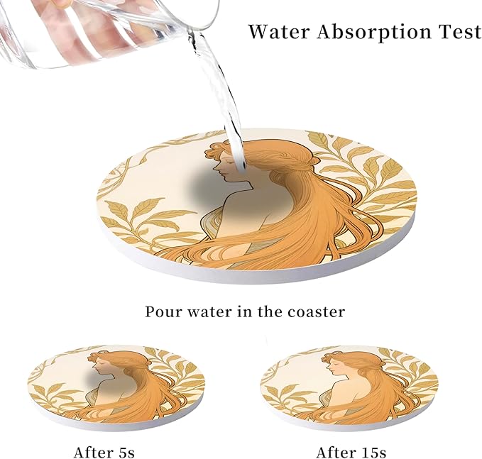Mucha Style Vintage Floral Woman Coasters Set of 6 with Holder, Absorbent Ceramic Drink Coasters for Home, Office Gifts