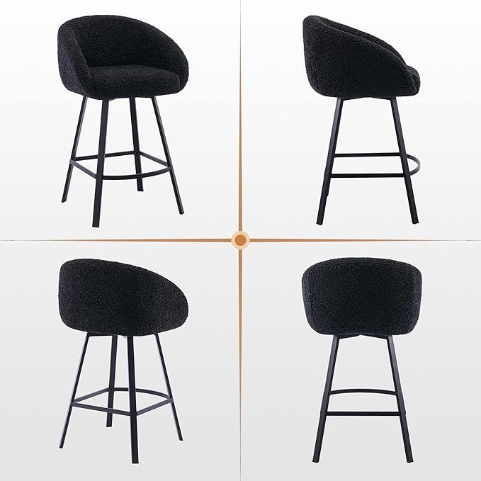 Zesthouse Swivel Counter Height Stools Set of 2, Modern Bar Stools for Kitchen Island, 26'' Black Sherpa Kitchen Counter Height Chairs with Barrel Arms & Backs, Upholstered Fabric Bar Chairs