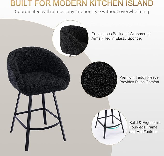 Zesthouse Swivel Counter Height Stools Set of 2, Modern Bar Stools for Kitchen Island, 26'' Black Sherpa Kitchen Counter Height Chairs with Barrel Arms & Backs, Upholstered Fabric Bar Chairs