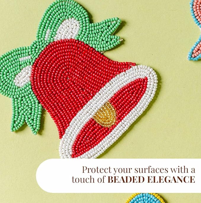 Folkulture Coasters Set of 4 | (4") Round Coaster for Coffee Table | Holiday Coasters for Christmas Décor | Coaster for Coffee Table for Cute Boho Gifts for Women | (Merry Bell)