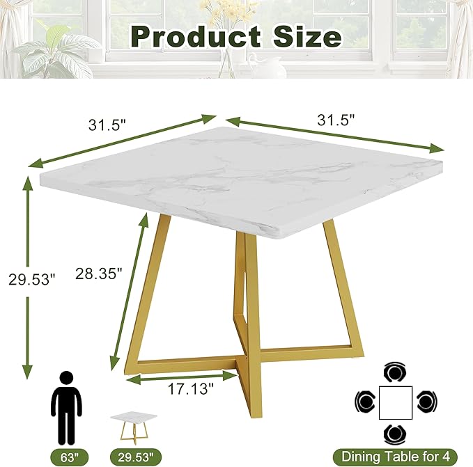 NicBex 31.5 Inch Square Dining Table for 4, Wooden Small Dinner Table Farmhouse Kitchen Tables with Metal Leg for Dining Room, Kitchen, Living Room, White & Gold