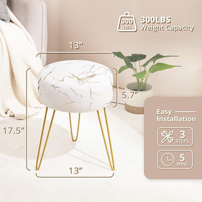LUE BONA Vanity Stool, Gold Vanity Stools for Makeup Room, Round Ottoman Foot Stool, Velvet Footrest Vanity Chair for Bathroom Vanity, Bedroom, Living Room, Entryway, Offices