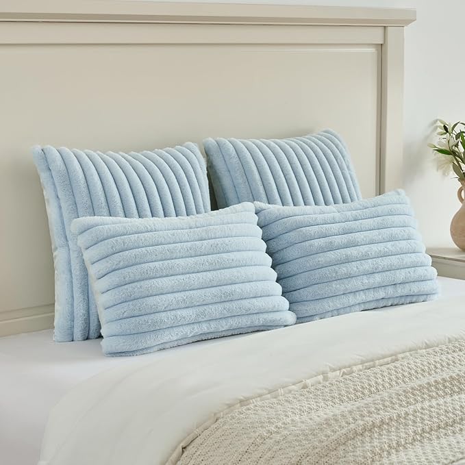 FUTEI Light Blue Striped Decorative Throw Pillow Covers 24x24 Inch Set of 2,Square Fall Decorations Couch Euro Pillow Case,Soft Cozy Faux Rabbit Fur & Velvet Back,Modern Home Decor for Bed