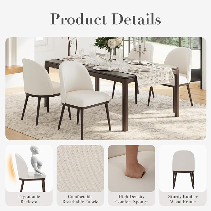 Upholstered Dining Chairs Set of 6, Large Dining Room Kitchen Chairs with High Back and Deep Seat, Modern Fabric Dinner Chairs with Wood Legs, Beige