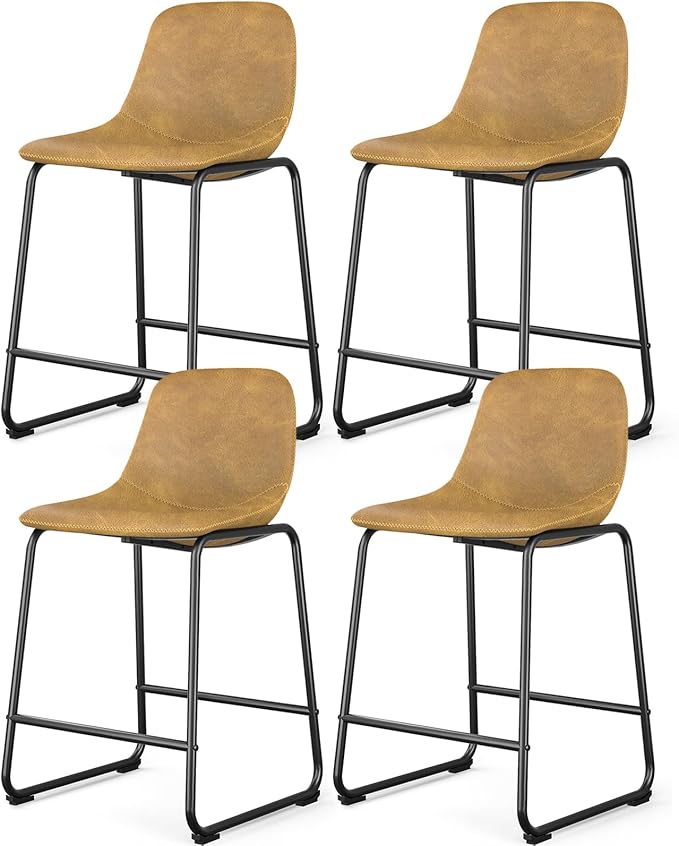 Rfiver Pu Faux Leather Bar Stools Set of 4, Industrial Pub Barstools with Back and Footrest, Modern Armless Bar Height Stool Chairs (Yellow, 24" Counter Chair x4)