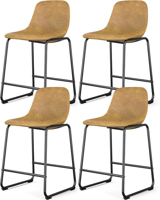 Rfiver Pu Faux Leather Bar Stools Set of 4, Industrial Pub Barstools with Back and Footrest, Modern Armless Bar Height Stool Chairs (Yellow, 24" Counter Chair x4)