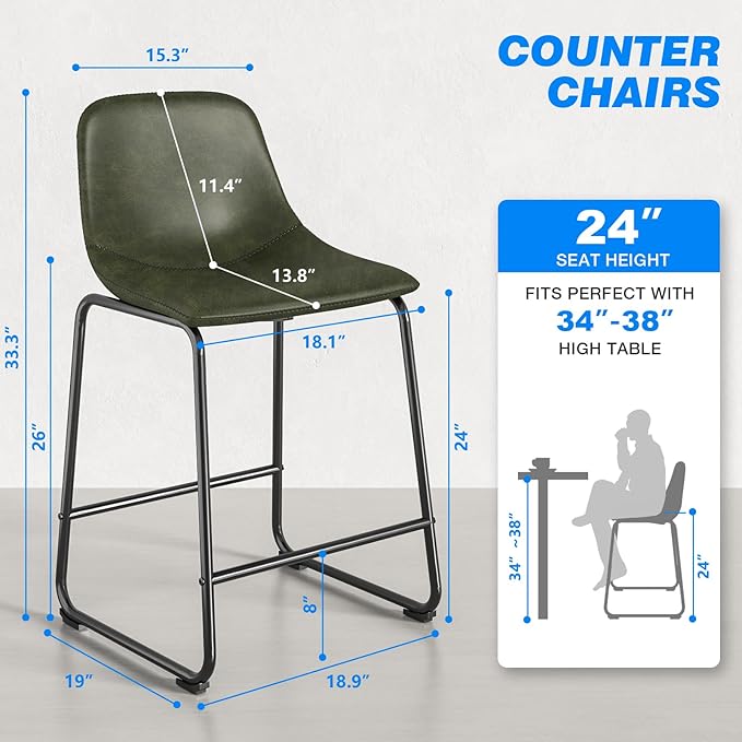 Rfiver Pu Faux Leather Bar Stools Set of 4, Industrial Pub Barstools with Back and Footrest, Modern Armless Bar Height Stool Chairs (Green, 24" Counter Chair x4)