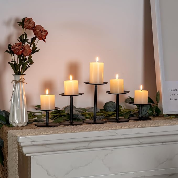 Homemory Holloween Fall Candle Holders for Pillar Candles Set of 5, Decorative Metal Candle Stands Pillar Holder Decor (Black)