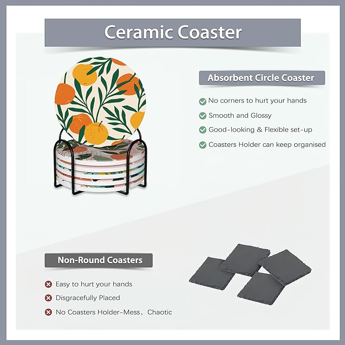 Drink Coasters Set of 6 with Holder,Tropical Palm Leaves Orange Floral Absorbent Ceramic Coasters with Cork Base,Fit All Cups,Tabletop Protection Mat for Mugs and Cups,Office,Kitchen