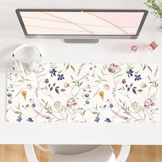 QIYI Floral Mouse Pad, Large Desk Mat for Desktop, Women Girls Watercolor Flowers Office Décor Desk Accessories, PU Leather Waterproof Gaming Mousepad, Wildflowers Desk Pad Computer Mat, 31.5" x 11.8"