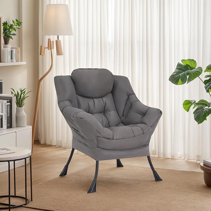 Welnow Lazy Chair for Living Room, Modern Reading Lounge Accent Chair with Armrests and a Side Pocket, Leisure Upholstered Lazy Sofa for Small Space, Bedroom, Dorm, Dark Grey
