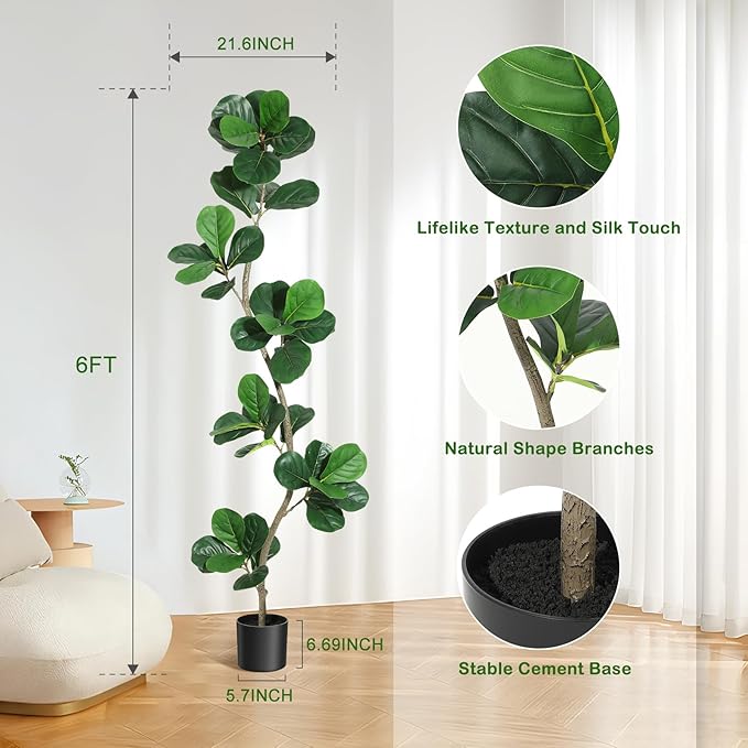 GarveeHome Artificial Fiddle Leaf Fig Tree - 6FT Fake Plant with Black Nursery Planter, Large Fake Tree for Home or Office Decor - Artificial Plants Indoor Outdoor,Housewarming Gift
