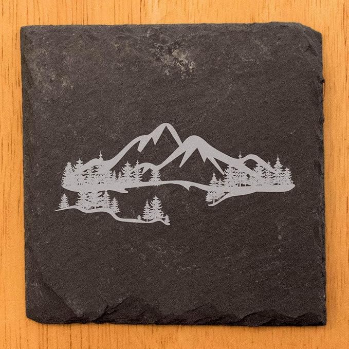 Mountain Majesty Slate Coasters with Stunning Mountain Scene Design - Perfect for Home and Office Decor and Protection of Surfaces, Available in Square or Round Coasters - Square Slate - Set of 6