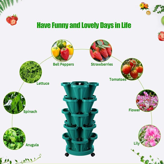 Strawberry Vertical Planters Tower Garden, 5 Tiered Stacking Planter with Support Pole, Stackable Herb Vegetable Planters Indoor and Outdoor - Hunter Green