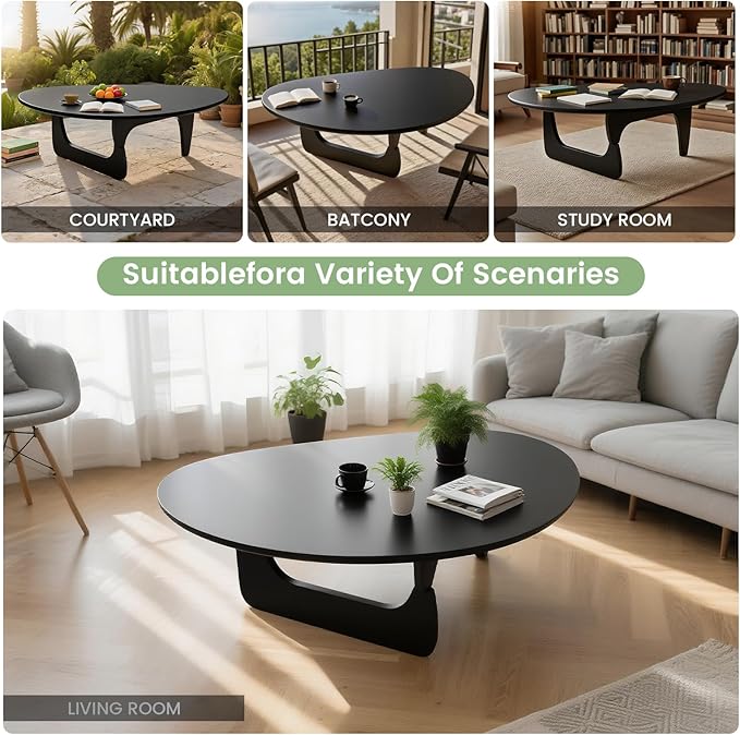Solid Wooden Modern Triangle Coffee Table: Unique Funky Coffee Tables for Living Room, Oval Mid-Century Irregular Abstract Tea Tables for Patio Office Balcony Bedroom (Black, 50" L x 31" W x 16" H)