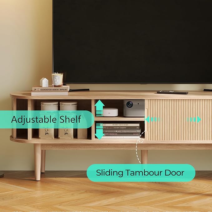 LINSY 70" Fluted TV Stand, Modern Entertainment Center for TVs Up to 80 inches, TV Console with Sliding Doors, Curved Profile Design, Media Console for Living Room, Light Wood