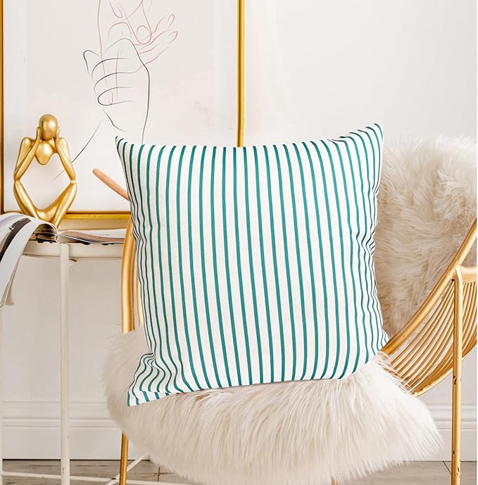 Decorative Throw Pillow Covers Set of 2 Teal Blue Striped Pillow Covers 18x18 Inch Throw Pillow Cover Linen Pillowcase Modern Farmhouse Outdoor Pillow Covers for Couch Sofa Bed Living Room