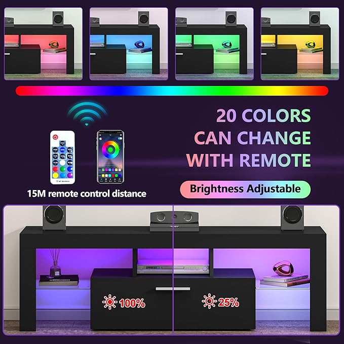 Clikuutory Modern Lighting 51 inch TV Stand with Large Storage Drawer for 32 40 50 55 Inch TVs, TV Console with 20 Color LED Lights, Entertainment Center Media and Open Shelf for Bedroom, Black