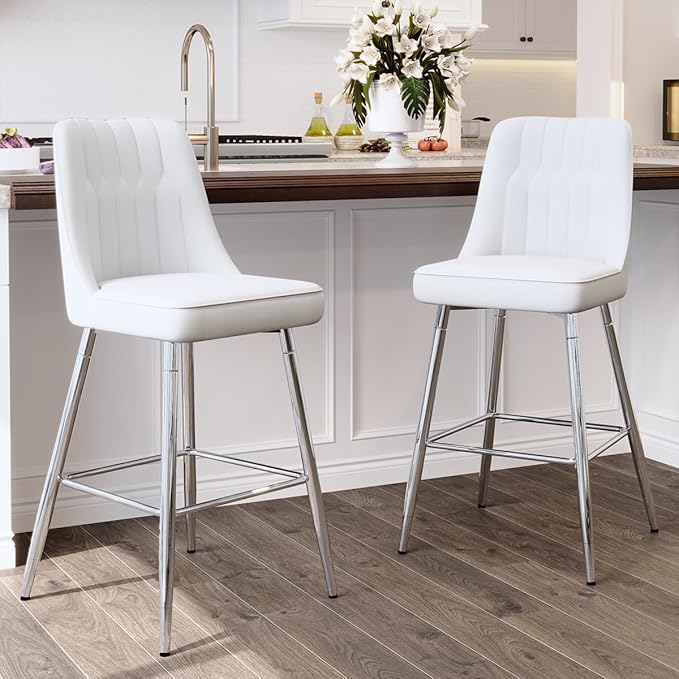 Counter Height Bar Stools Set of 2,White Bar Stools with Back,27" Upholstered Counter Height Bar Stool with Sturdy Silver Chrome Footrest,Modern Kitchen Island Chairs for Home Pub Bar