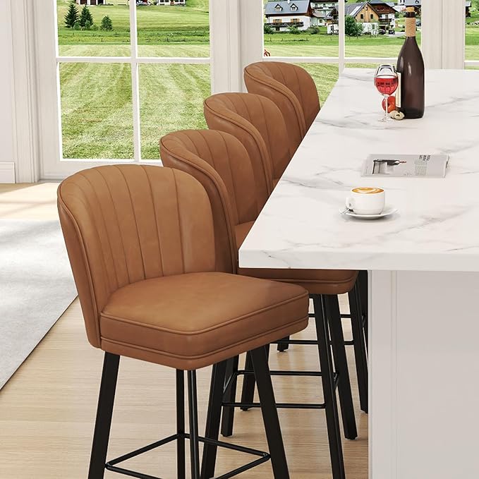 Swivel Counter Height Bar Stools Set of 2, 26'' Modern Barstools with Backs and Metal Legs, Upholstered Bar Chairs, Faux Leather Whiskey Brown Stools for Kitchen Island Chairs