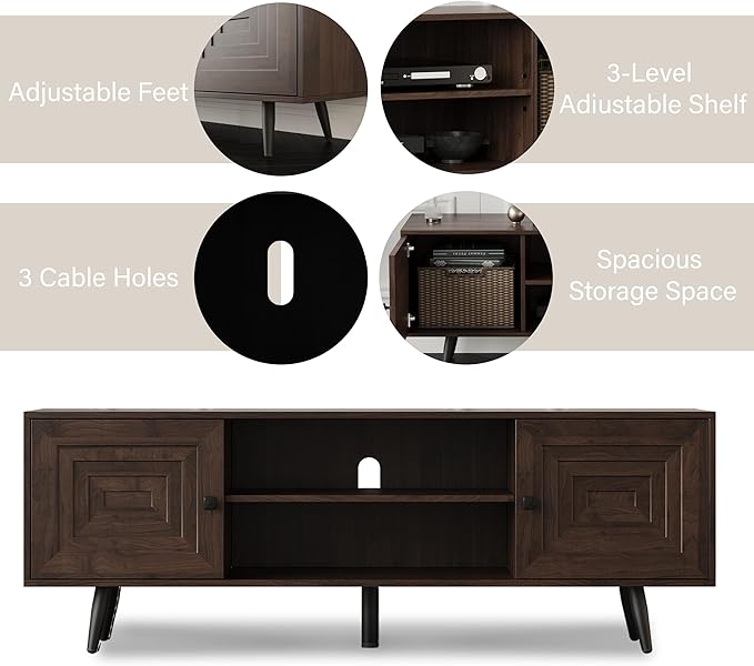Modern TV Stand with Storage Cabinet, Wood Fashionable TV Cabinet with Waveform Panel and Adjustable Shelf, Entertainment Center TV Stand for TV, Living Room (Dark Walnut