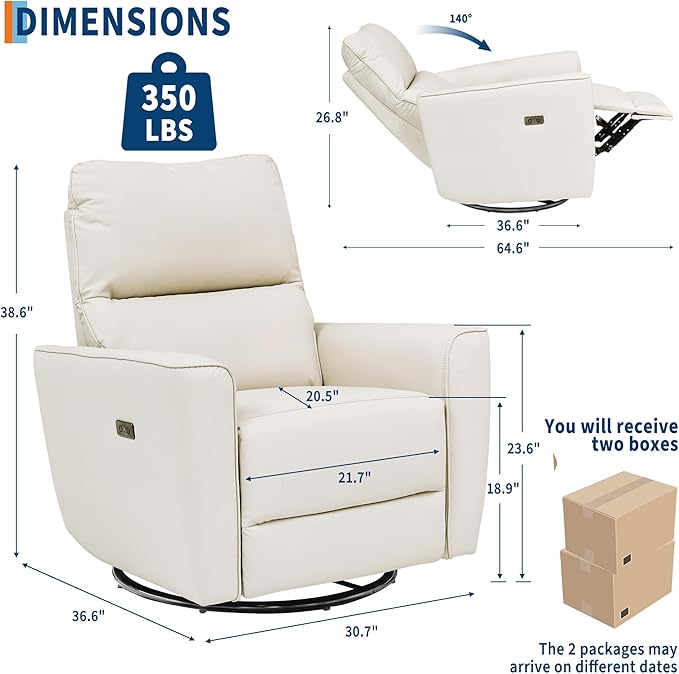 GarveeHome Recliner Chair, 360° Swivel Rocker Glider Nursery Chair with Padded Armrest and Deep Seat, PU Leather Upholstered Reclining Sofa Chair for Living Room, Bedroom and Nursery (Light White)