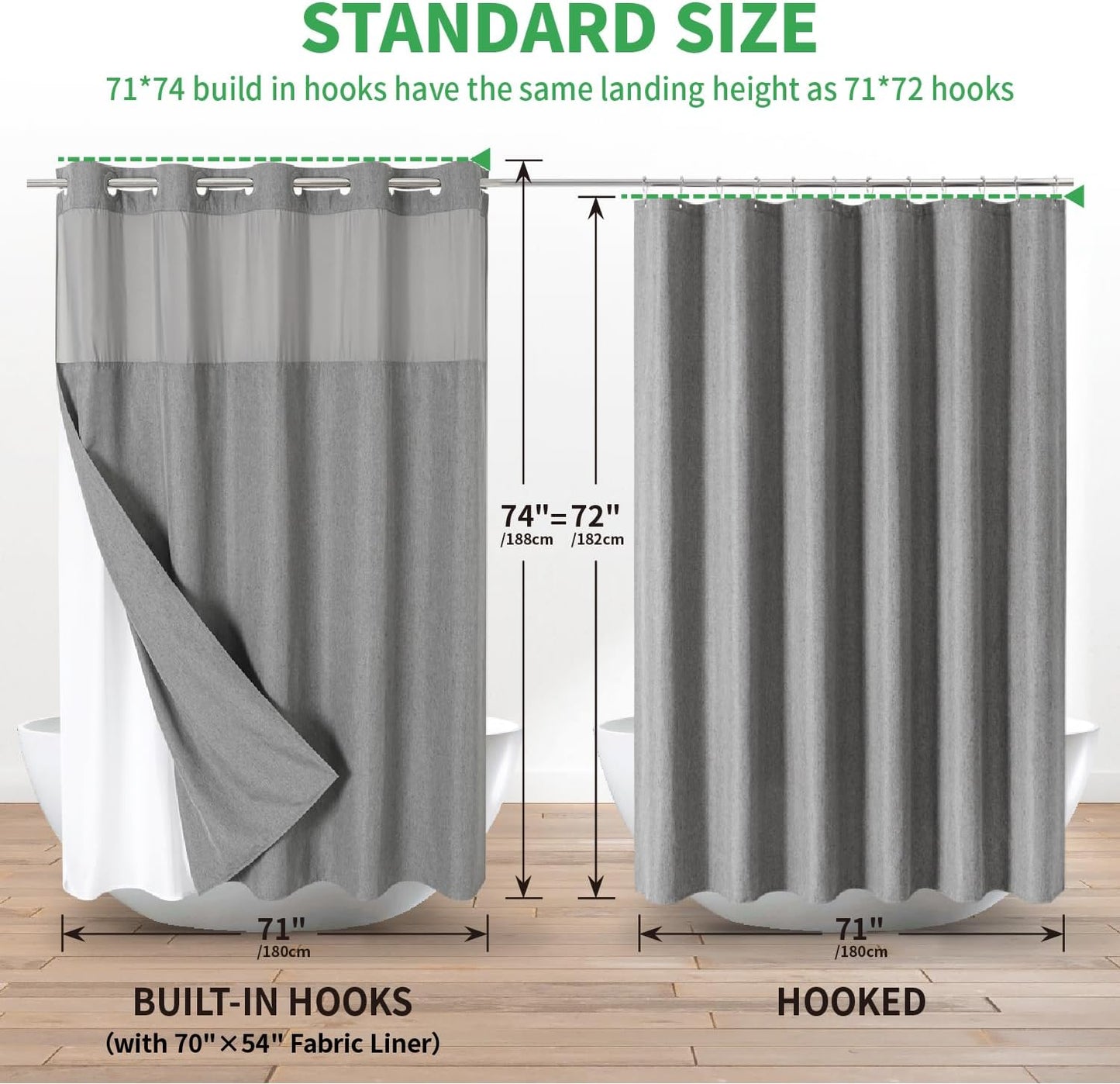 No Hooks Needed Linen Textured Shower Curtain with Snap-in Fabric Liner Set,Hotel Luxury Decor Shower Curtains for Bathroom with See Through Top Window,Waterproof & Washable,71Wx74H,Gray