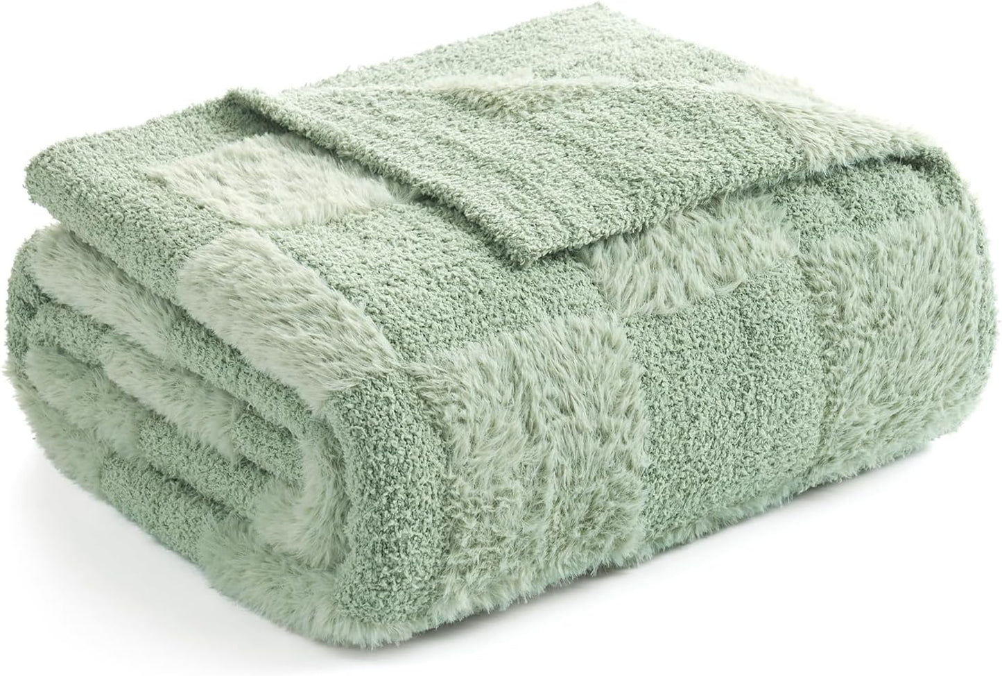 Snuggle Sac Faux Fur Checkered Blanket Twin Size with Soft Knitted Microfiber,Cozy Soft Warm Blanket for Sofa Bedroom Living Room,Solid Sage Green,60x80 inches