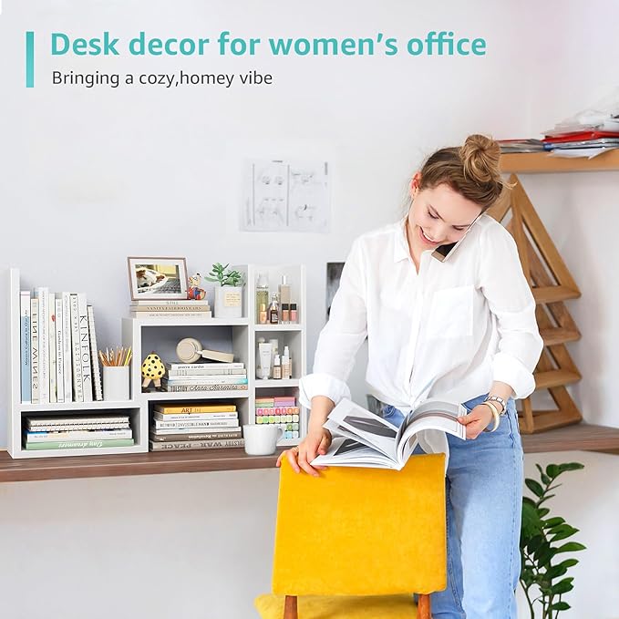 Desk Shelves Desktop Orgnizer Shlef - White Office Organization for Top of Desk Organizers and Accessories Corner Bookshelf Table Top Shelving Small Hutch Decorations for Women Office