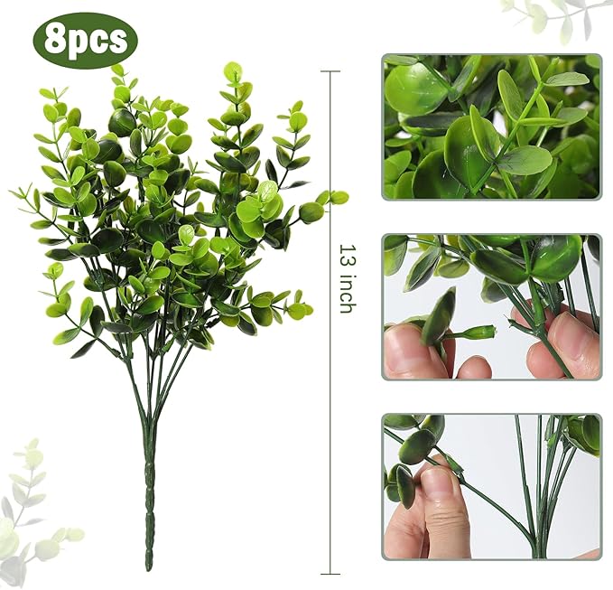 RECUTMS 8 Bundles Artificial Bushes Greenery Plants Stems Faux Shrubs Boxwood Plants Outdoor UV Resistant Fake Eucalyptus for Farmhouse Home Office Wedding Patio Backyard Indoor Outdoor Decor(Green)