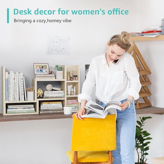 Desk Shelves Desktop Orgnizer Shlef - Natural Wood Tone Office Organization for Top of Desk Organizers and Accessories Corner Bookshelf Table Top Shelving Small Hutch Decorations for Office