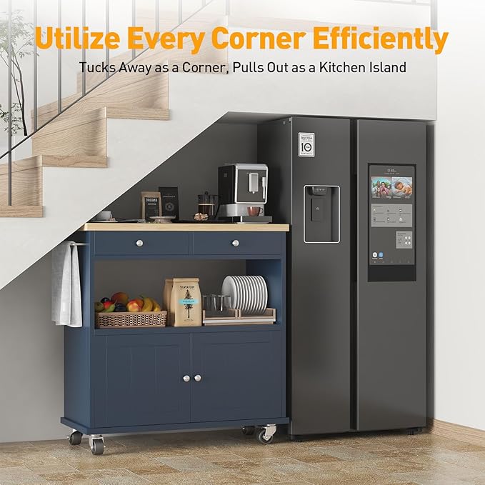 Rolling Kitchen Island with Storage Cabinet, 35.4'' Width Kitchen Cart, 2 Drawers Island Table, Portable Mobile Kitchen Island with Towel Rack, Wood Top and Lockable Wheels, Blue