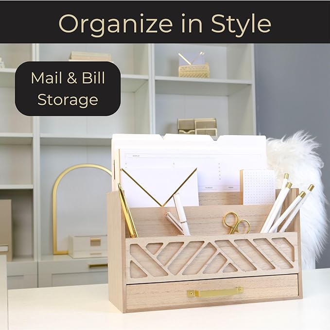 BLU MONACO Natural Mail Organizer with Drawer and Gold Handle – Desktop Mail Holder and Office Supplies Storage – Home Office Desk Accessories – Letter Sorter and Paper Organizer