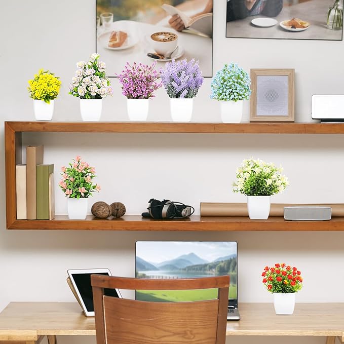 LELEE Artificial Plants Mini Fake Potted Plants, 8 pcs Small Eucalyptus Potted Faux Decorative Grass Plant with Flower for Home Decor, Indoor, Office, Desk, Shelf, Table Decoration
