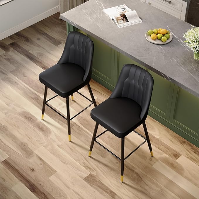 Black Bar Stools Set of 2,27" Counter Height Bar Stools Set of 2,Faux Leather Counter Stools with Soft Padded Seat & Curved Backrest,Modern Kitchen Island Chairs for Dining Café