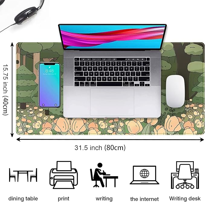 Anime Forest Desk Mat,Cute Green Mouse Pad,Kawaii Aesthetic Full Desktop Pad XXL Gaming Mousemat XL, Extended Korean Animals Bear Bunny Keyboard Mat Large 31.5x15.7 Inch Non-Slip&Stitched Edges