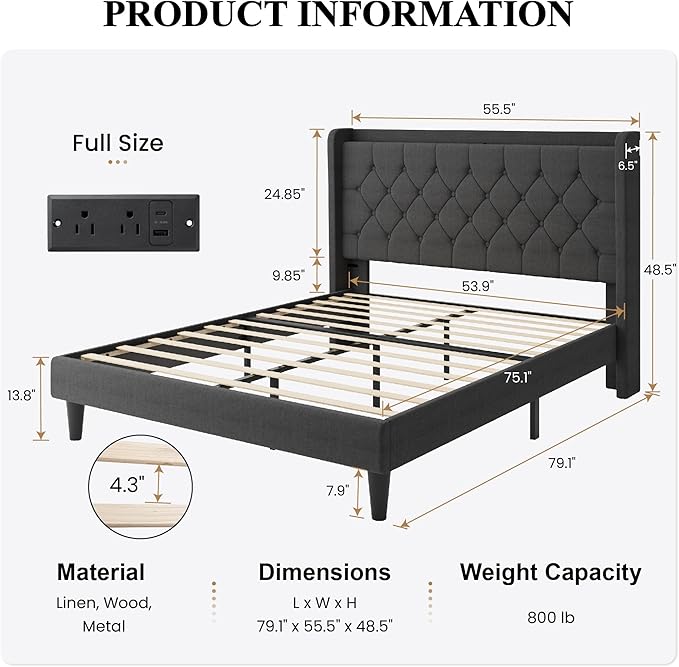SHA CERLIN Full Size Platform Bed Frame with Charging Station, Velvet Wingback Headboard with Storage shelf, Wooden Slats Support, Ample Under-Bed Space, No Box Spring Needed, Easy Assembly, Dark Grey