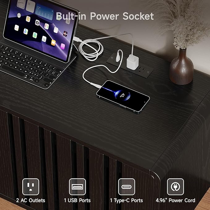 ONBRILL 70-Inch TV Stand for TVs up to 80 Inch, Mid-Century Modern Television Stand with Power Outlet， Entertainment Center with Sliding Grille Door Cabinets and Open Shelves for Living Room, Black