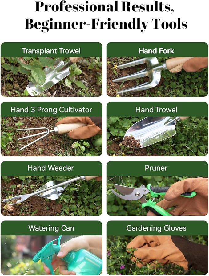 Gardening Tools Set 9-Piece Heavy-Duty Gardening Hand Tools with Floral Tote Bag, Stainless Steel Garden Supplies Kit Ideal Gardening Gifts for Women Mom Wife