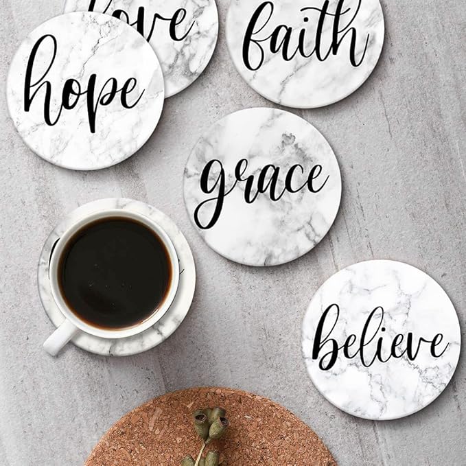 Britimes Coaster for Drinks Set of 6, White Marble Inspirational Love Absorbent Round Ceramic Stone Mat, with Cork Base and Metal Holder, Gift for Housewarming Room Bar Decor