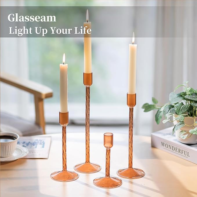 Glasseam Glass Candle Holder Brown: Fall Candle Holders Set of 4 Tall Candle Stick Candle Holder for Tapered Candles Decorative Candle Holders for Table Centerpiece Halloween Thanksgiving Decorations