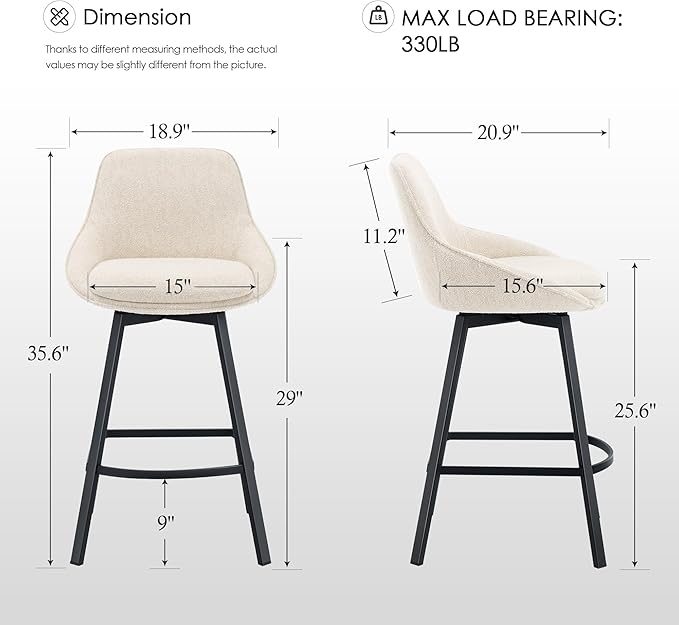 Zesthouse Swivel Bar Stools Set of 3, Modern Counter Height Barstools with Backs, 26'' Upholstered Linen Fabric High Chairs for Island Kitchen, Counter Height Chairs with Metal Legs, Beige