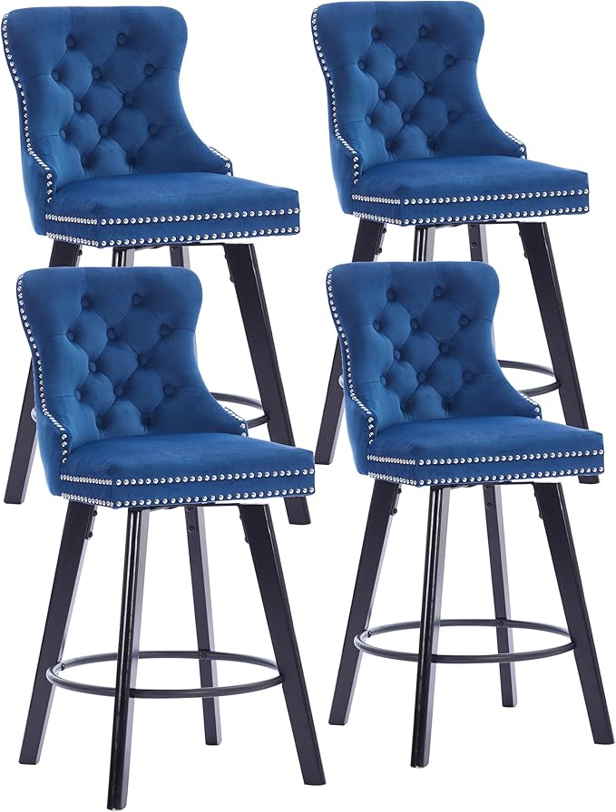 YISHENG Modern Swivel 27" H Seat Set of 4 Velvet Barstools with Backrest and Footrest,Button Tufted Rivet Trim Dining Room Chairs with Metal Pull Ring for Kitchen Island，Bistro, Home Bar，Blue