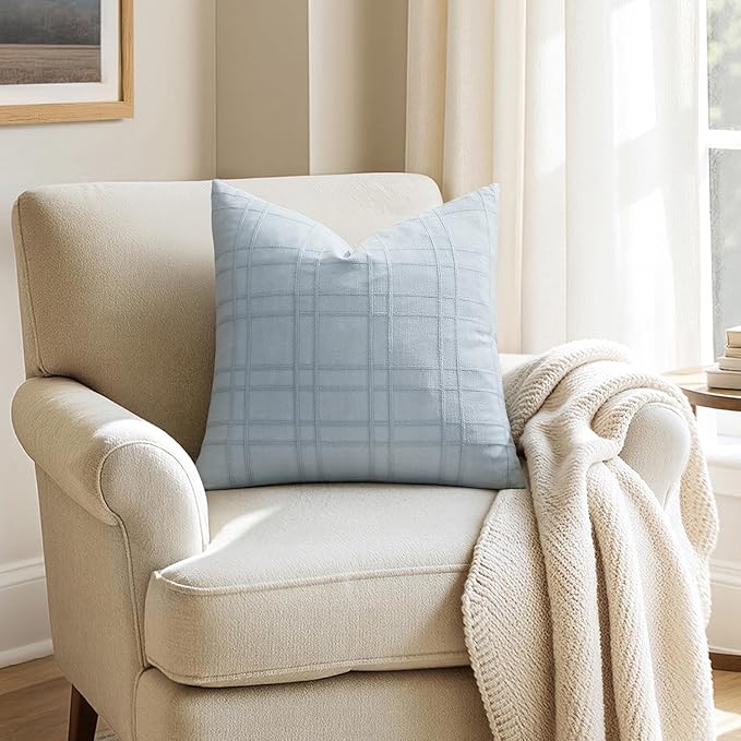 MIULEE Decorative Linen Check Euro Shams Throw Pillow Covers Neutral Farmhouse Vintage Pillow Covers 22x22 Set of 2 Boho Modern Home Decor for Sofa Couch Bedroom Cushion Coastal Blue