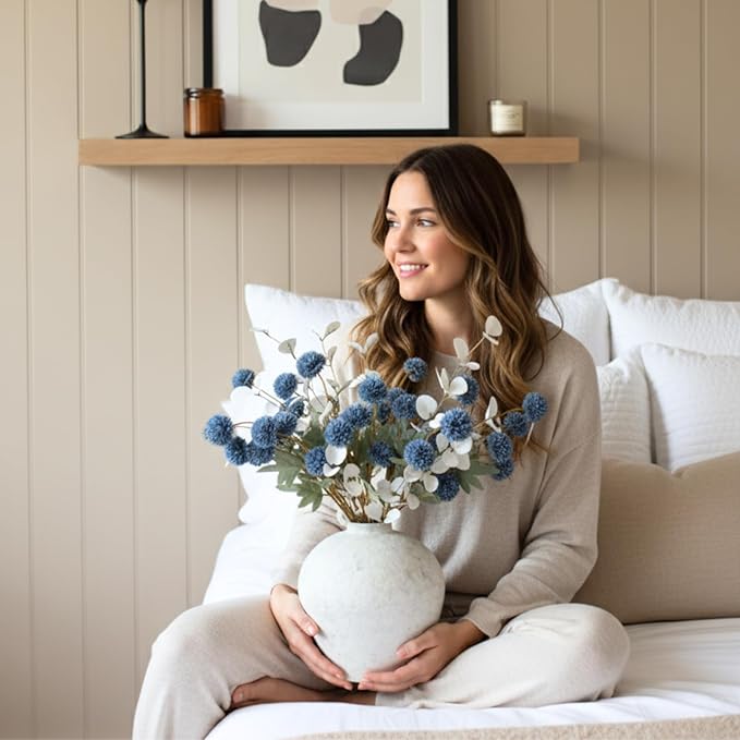 Faux Dusty Blue Flowers, Blue and White Floral Stems For Centerpieces, Fake Mums Artificial Flowers, Flores Azules Artificiales Para Decoracion, Long Stems For Vases, DIY Silk Floral Arrangements