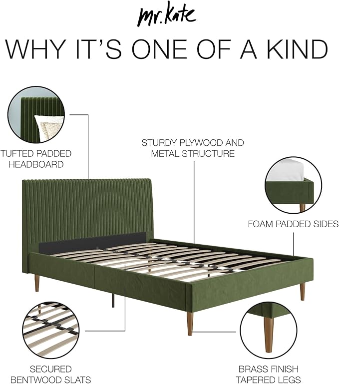 Mr. Kate Daphne Upholstered Bed with Vertical Channel Tufted Headboard, Full, Olive Green Velvet