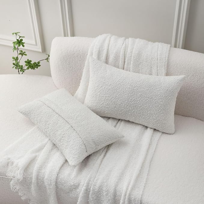 FUTEI Pack of 2 White Decorative Throw Pillow Covers 12x20 Inch Soft Cozy Solid Boucle Textured Lumbar Pillow Cases,Modern Home Decor for Couch Bed Living Room