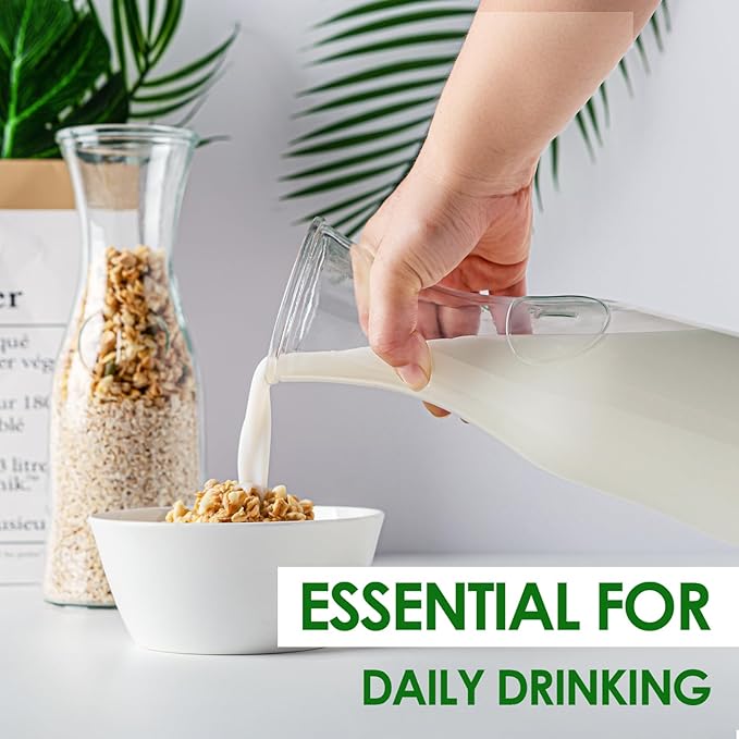 Glass Carafe Pitchers with Bamboo Lids, 4 pcs 1 Liter Beverage Serveware Pitcher Carafe Set for Mimosa Bar, Juice Container for Brunch, Cold Water, Juice -With 4 Wooden Chalkboard Tags